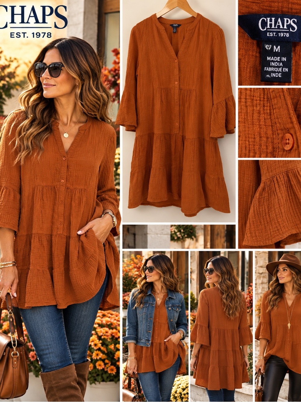 Chaps Women's Rust Tiered Button-Front Tunic Top